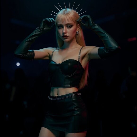 Midnight Black Satin Chain Strap Crop Top & Mini Skirt Set w/ Gloves M - Picture 7 of 9